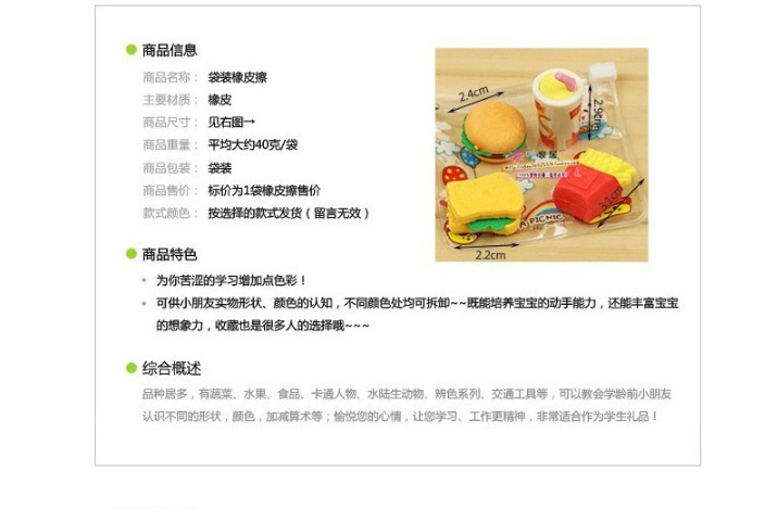 D025 韓國創意文具專業批發學生用品獎品仿真食物等 袋裝橡皮擦