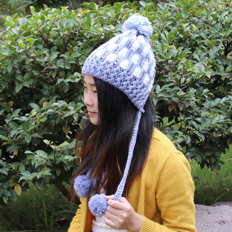 W2225 白雪飄飄帽 冬季加絨保暖毛線帽子 女士時尚可愛毛球針織帽