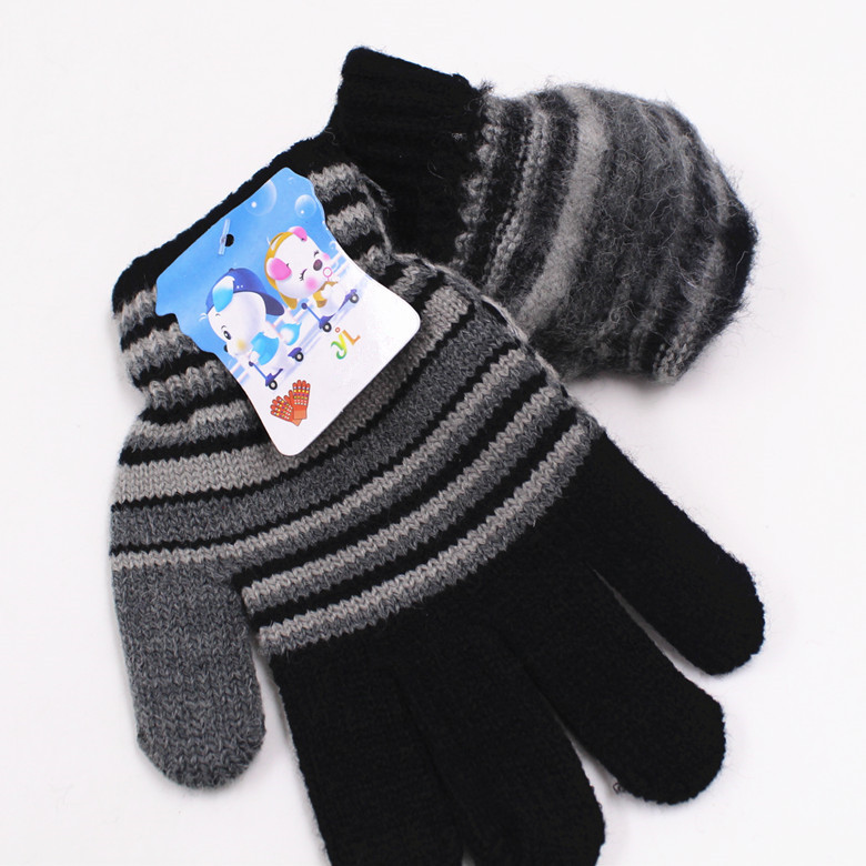 Q1732 中號兒童仿羊絨三色細條全指手套冬季時尚戶外嬉戲保暖手套