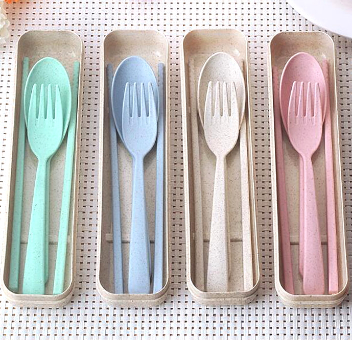 小麥旅行便攜餐具組 學生筷子叉勺子三件組 創意環保餐具組