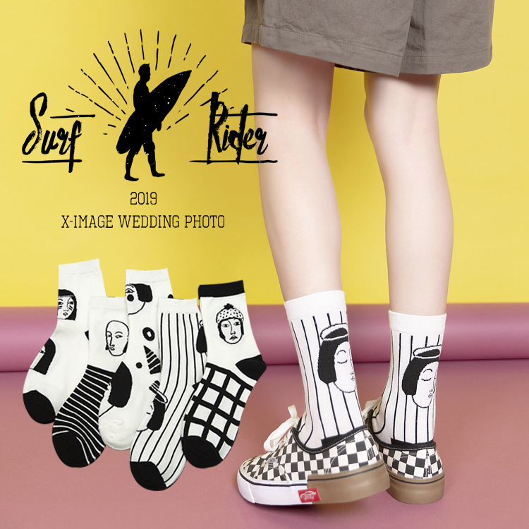 街頭風黑白人頭中筒襪 創意人物時尚潮流襪...