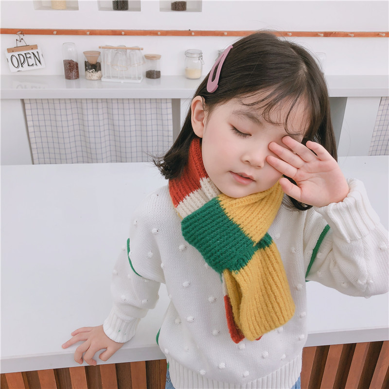 拼色針織毛線圍巾 秋冬必備保暖針織圍巾 可愛兒童撞色圍巾