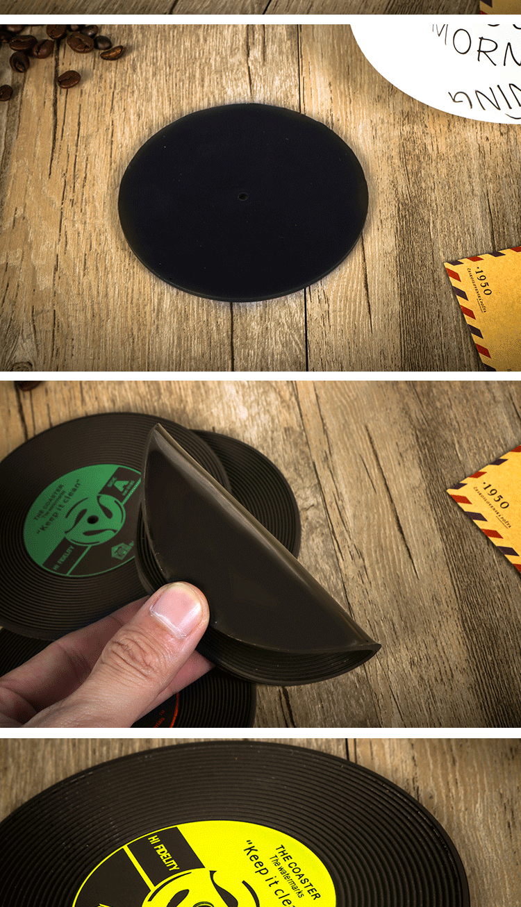 復古黑膠唱片造型杯墊 創意矽膠隔熱墊 懷舊防燙杯墊 圓形杯墊