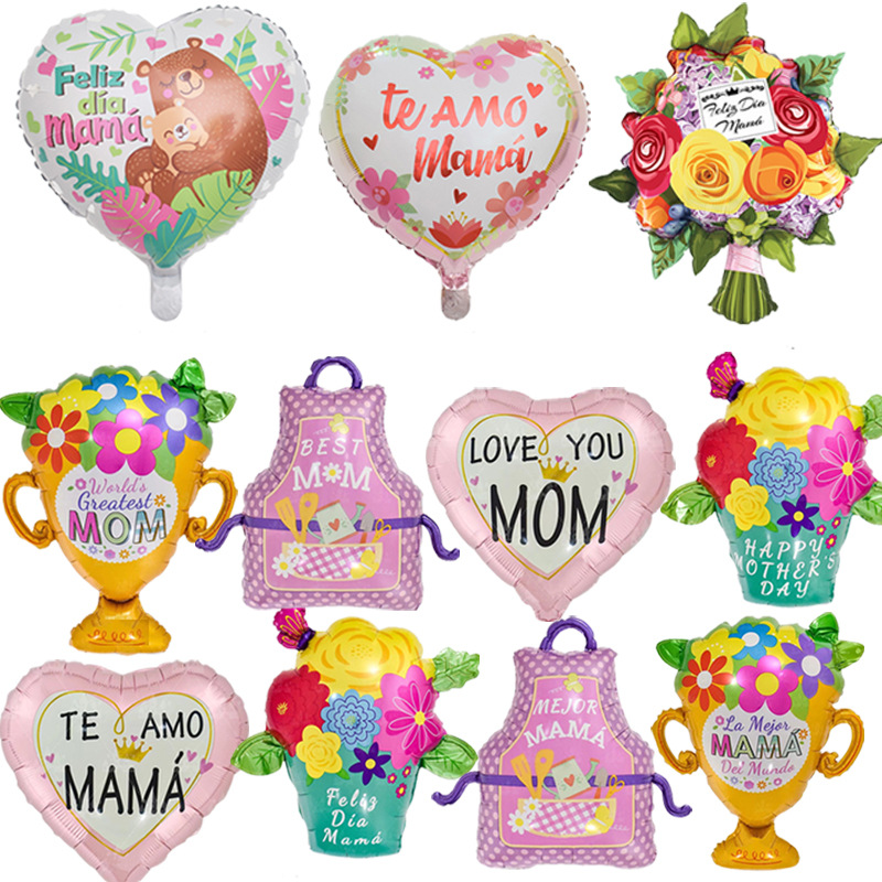 西語母親節鋁膜氣球 花圃圍裙花束獎盃 媽媽 派對裝飾 愛心氣球 節日氣球
