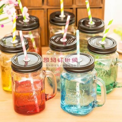 【漸變彩色】梅森瓶 - 500ml玻璃水杯附吸管