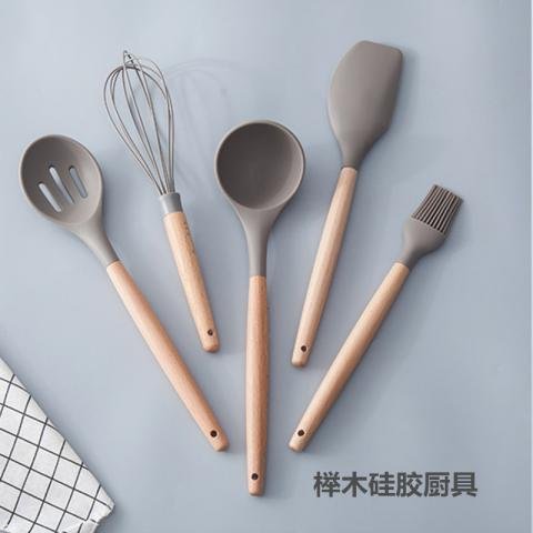 (1組入)【矽膠木柄】餐具5件組 - 耐高溫不傷鍋廚具