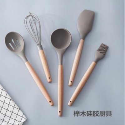 (1組入)【矽膠木柄】餐具5件組 - 耐高溫不傷鍋廚具