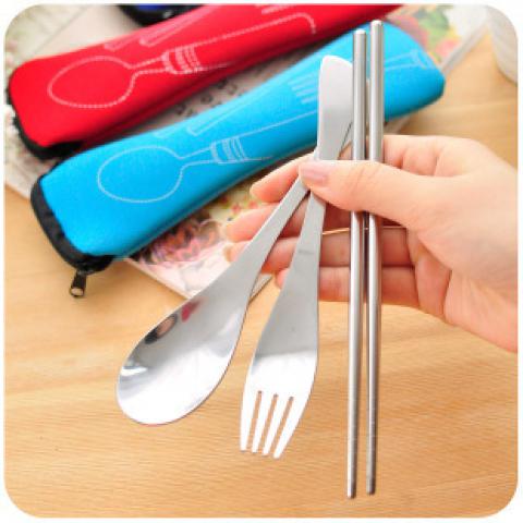 不鏽鋼環保餐具組 筷子+湯匙+叉子 三件...