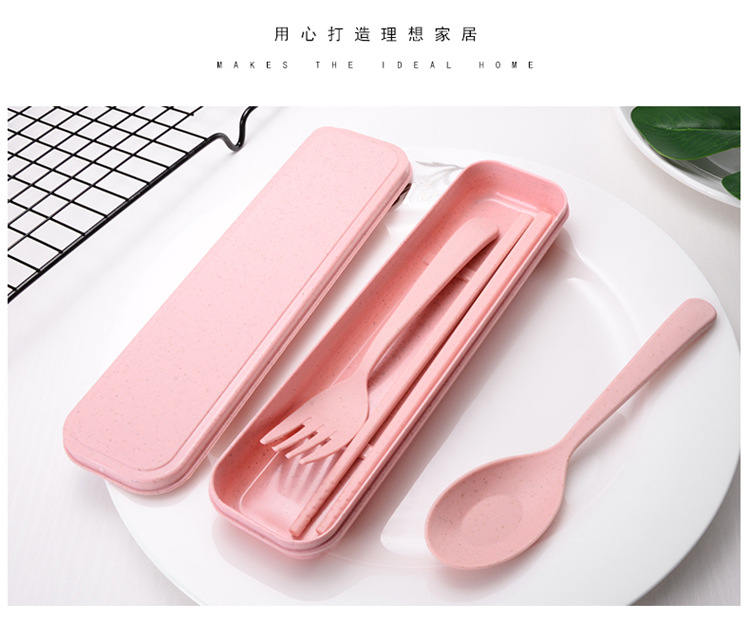 小麥秸稈餐具筷子叉子勺子三件套禮品塑料便攜旅行筷叉勺餐具套裝