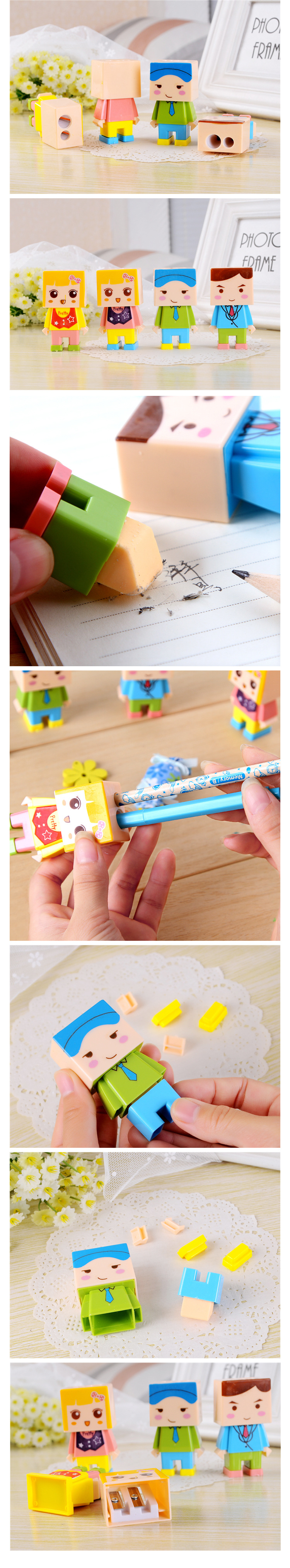 HC03卡通可愛小人兒DIY拼裝 創意卷筆刀/削筆器 雙孔帶橡皮擦