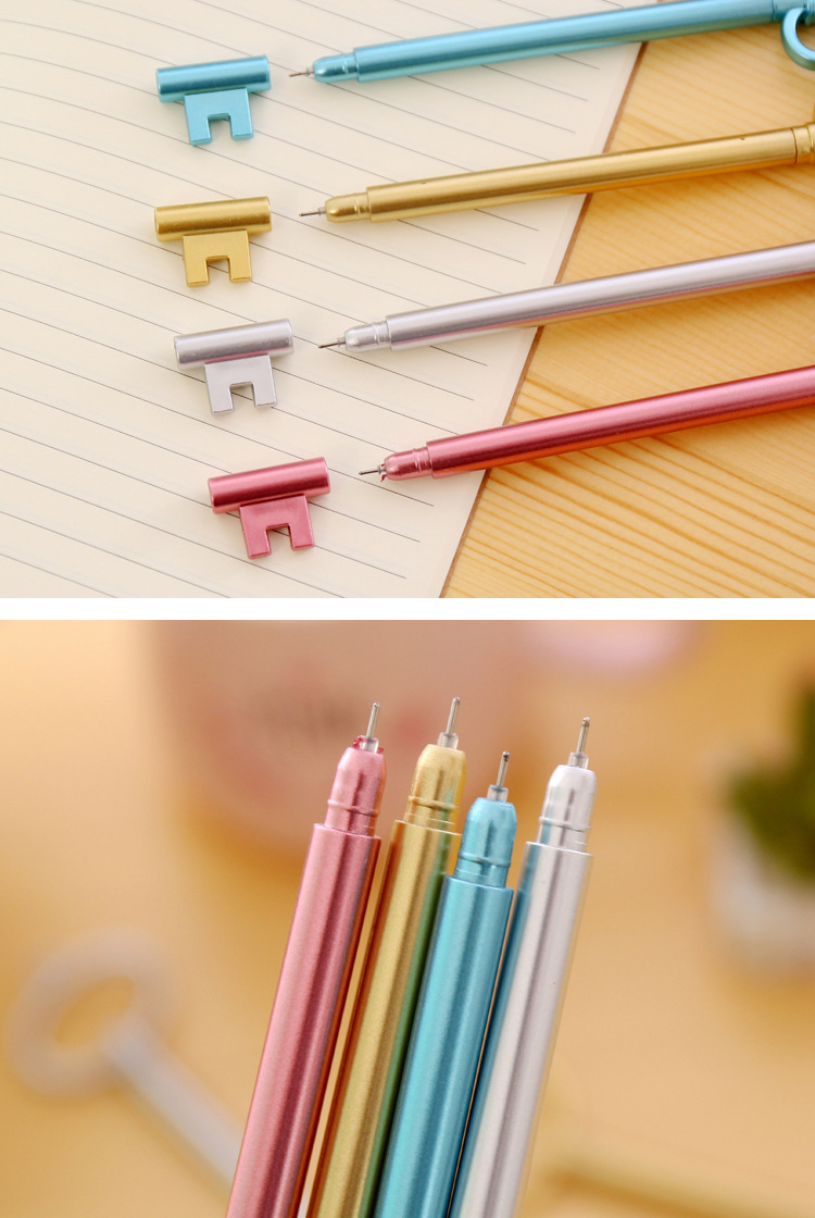 愛奇韓國創意學生文具水筆 復古金鑰匙中性筆 金屬質感黑色簽字筆