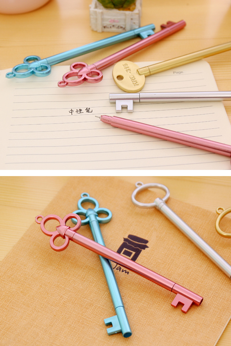 愛奇韓國創意學生文具水筆 復古金鑰匙中性筆 金屬質感黑色簽字筆