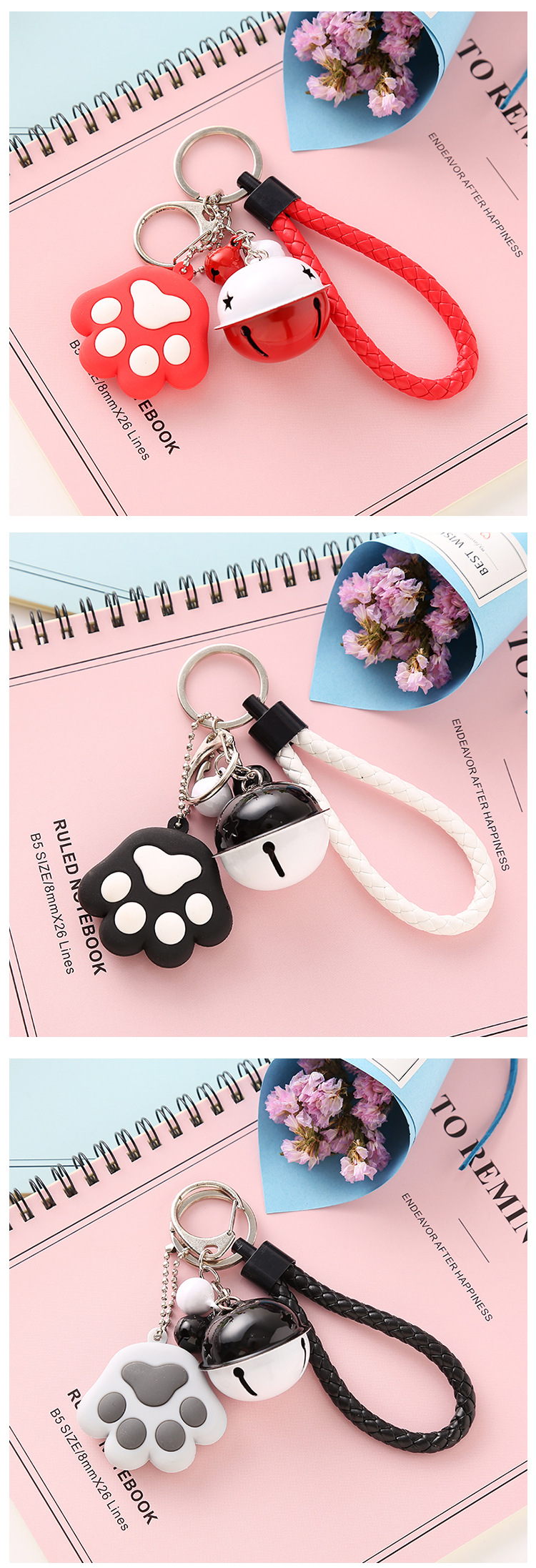 創意小清新萌爪系列鑰匙扣 可愛立體情侶鈴鐺皮繩包包裝飾掛件
