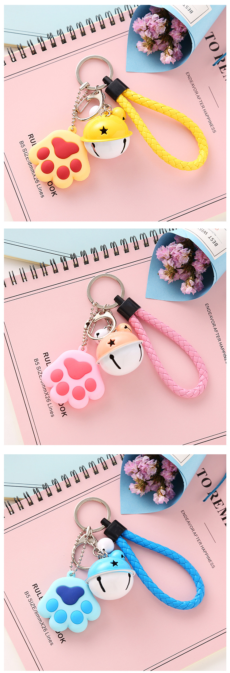 創意小清新萌爪系列鑰匙扣 可愛立體情侶鈴鐺皮繩包包裝飾掛件