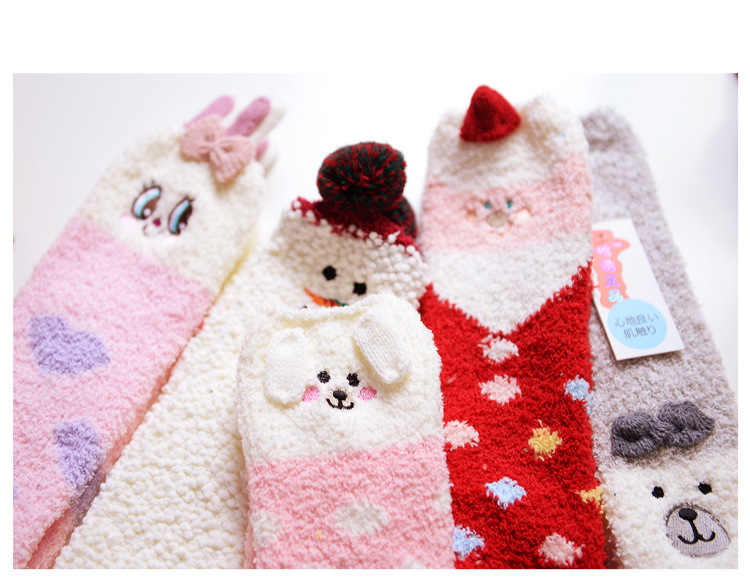 1812刺繡立體家居珊瑚絨卡通襪 盒裝地板襪半邊絨女襪 圣誕襪