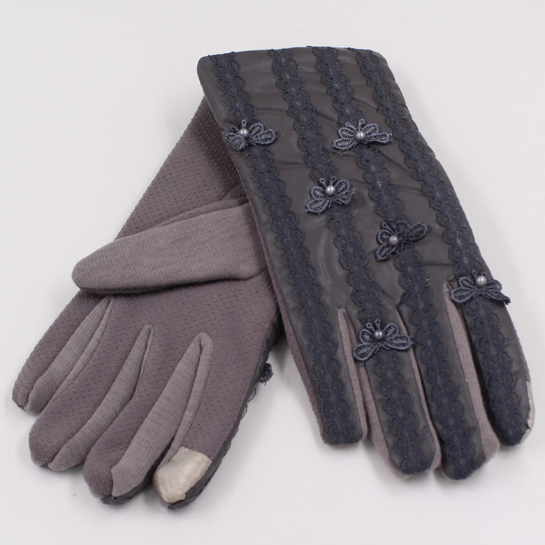M1305 蝴蝶帶珠蕾絲顯瘦AB面超絨里觸屏女款手套冬季護手保暖手套