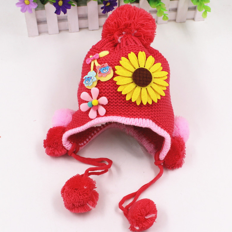 V2108 葵花小帽冬季保暖毛線帽子小女孩時尚可愛毛球針織帽