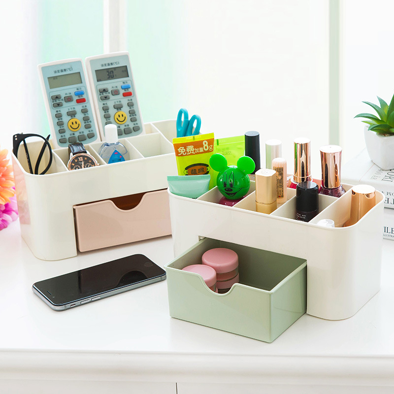 (2入)素色桌面化妝盒 小抽屜多功能首飾盒 儲物盒 辦公桌收納盒