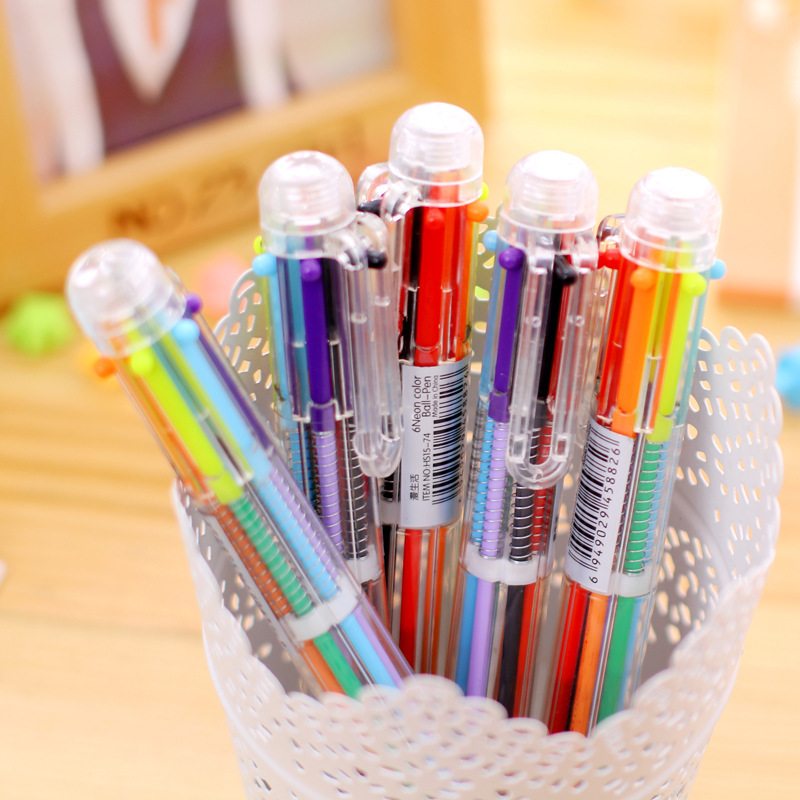 6色按壓圓珠筆 創意多色透明原子筆 簡約多色隨身原子筆
