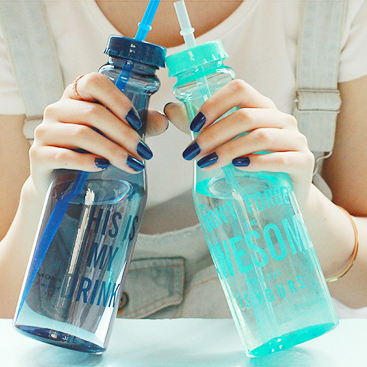 雙蓋吸管隨手杯 糖果色清新夏天汽水瓶便攜水杯 可愛塑料杯
