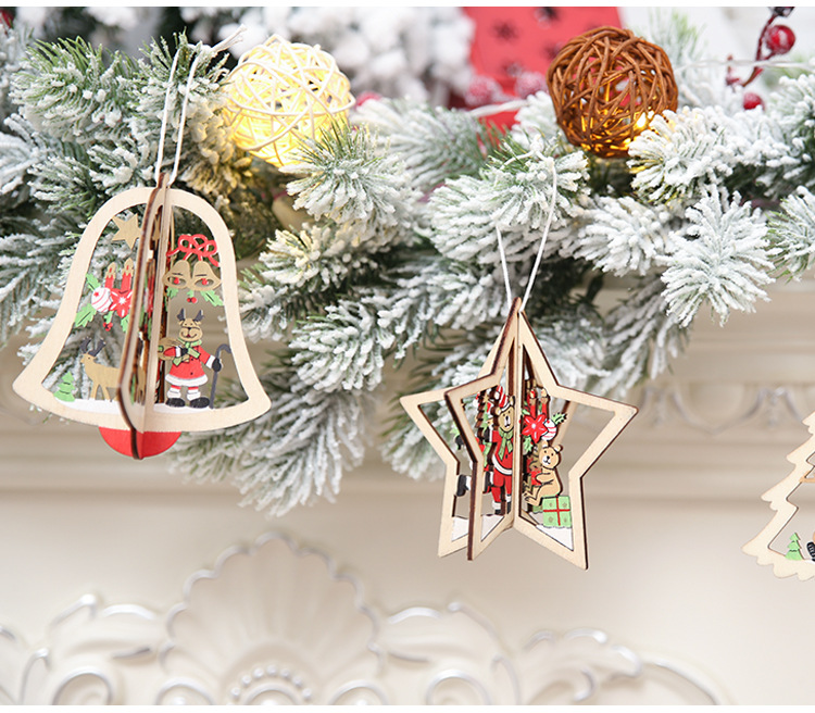 豪貝新款木制圣誕節裝飾用品木質圣誕樹形掛件鈴鐺樹掛件外貿爆款