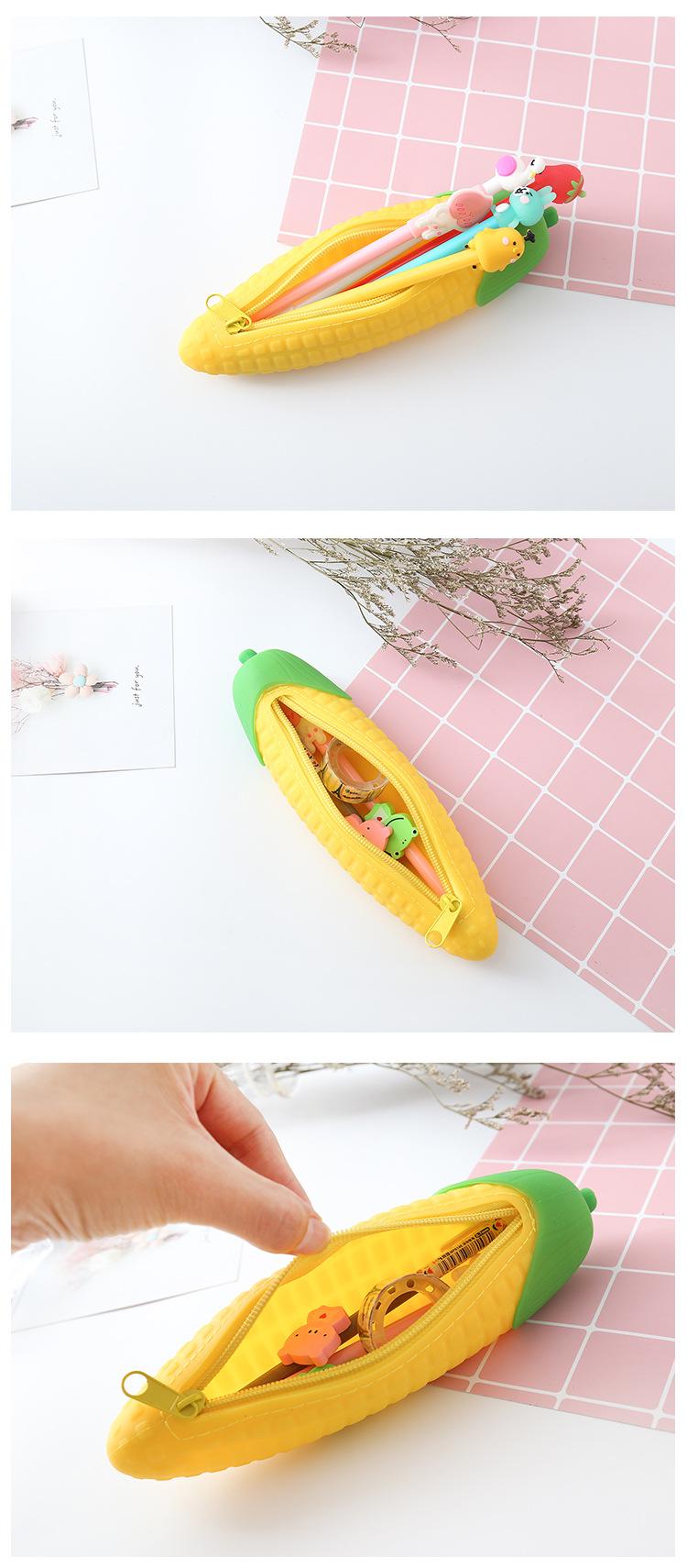 2275創意文具韓國簡約玉米造型硅膠筆袋學生大容量筆袋個性鉛筆袋