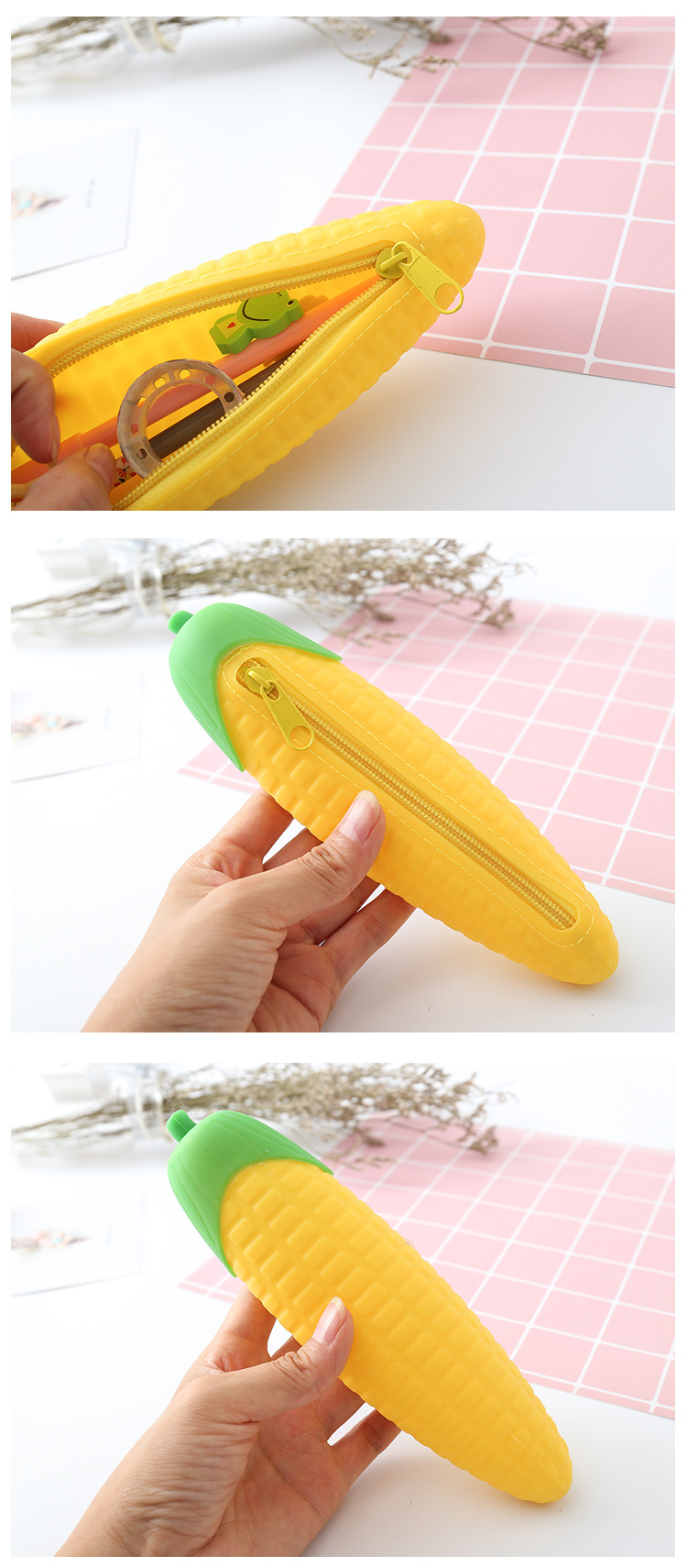 2275創意文具韓國簡約玉米造型硅膠筆袋學生大容量筆袋個性鉛筆袋