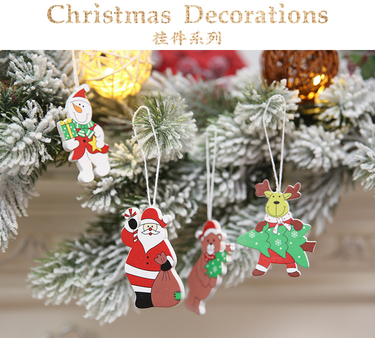 新款圣誕節裝飾用品木質卡通彩色公仔掛件一盒4款老人雪人樹掛飾