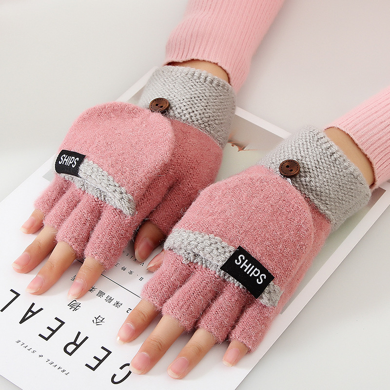 針織翻蓋保暖手套 男女通用露指手套 創意布藝冬季手套