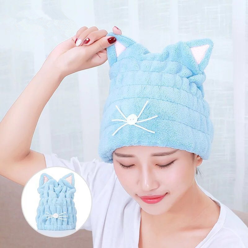可愛貓耳朵造型乾髮帽 創意造型浴帽 珊瑚絨乾髮帽