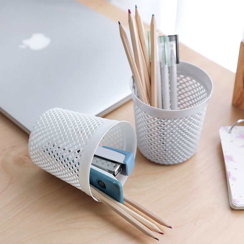 簡約素色鏤空筆筒 桌面文具收納筒 創意網格筆筒