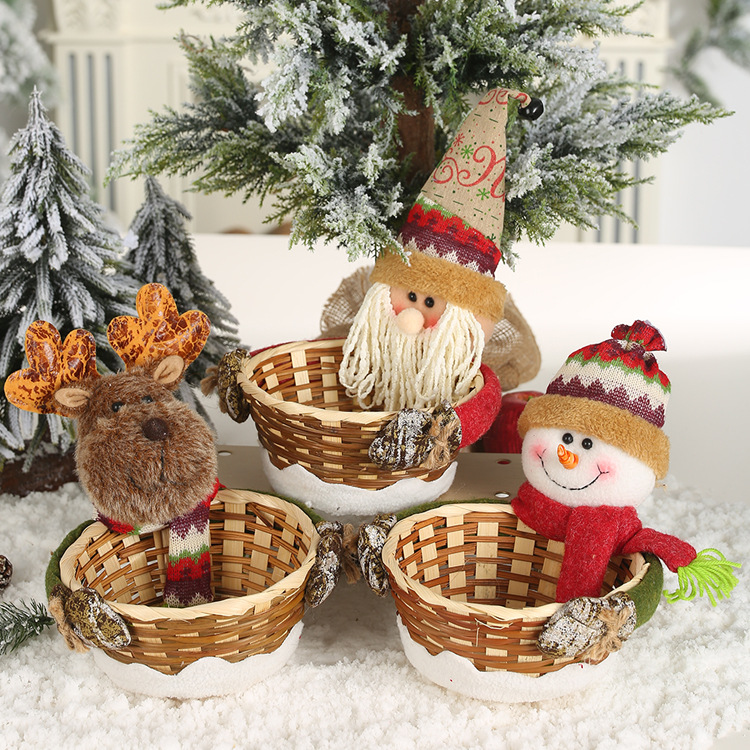 聖誕娃娃藤編收納籃 聖誕節必備裝飾小物 立體聖誕老人雪人迷路糖果籃