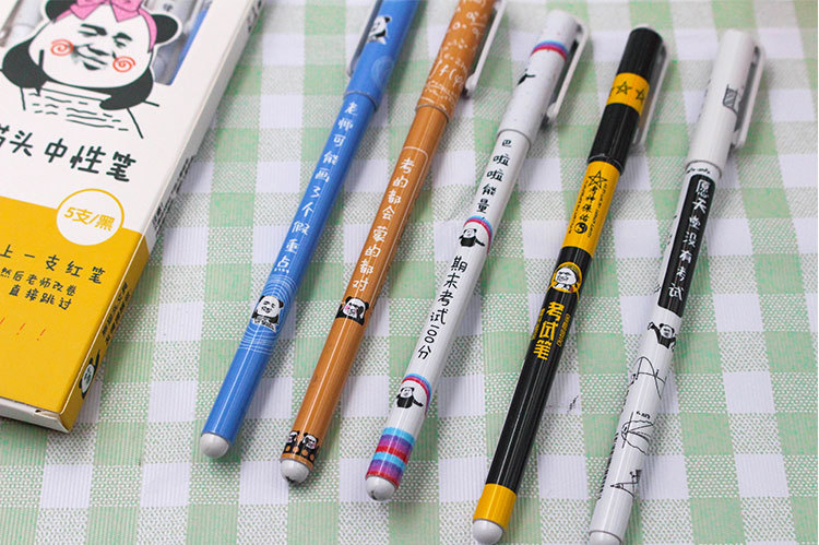 創意熊貓表情中性筆 創意文字黑色原子筆 熊貓頭中性筆 5支裝