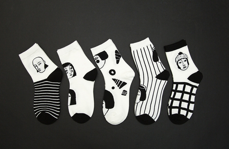 街頭風黑白人頭中筒襪 創意人物時尚潮流襪 秋冬必配襪子