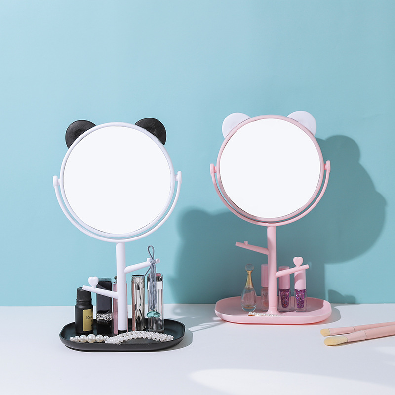 可愛造型化妝鏡首飾盒 創意旋轉托盤立式梳妝鏡 化妝必備小鏡子