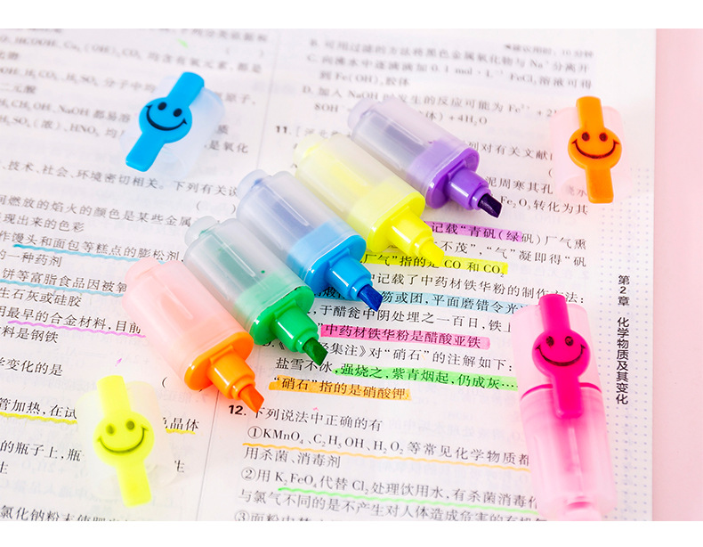 可愛笑臉彩色螢光筆6件組 小號迷你斜頭記號筆 學生劃重點必備螢光筆