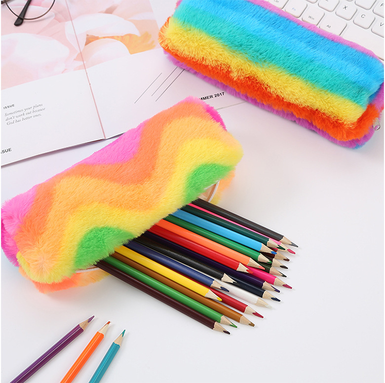 韓版創意文具彩色可愛毛絨八角筆袋少女心學生收納袋鉛筆盒批發
