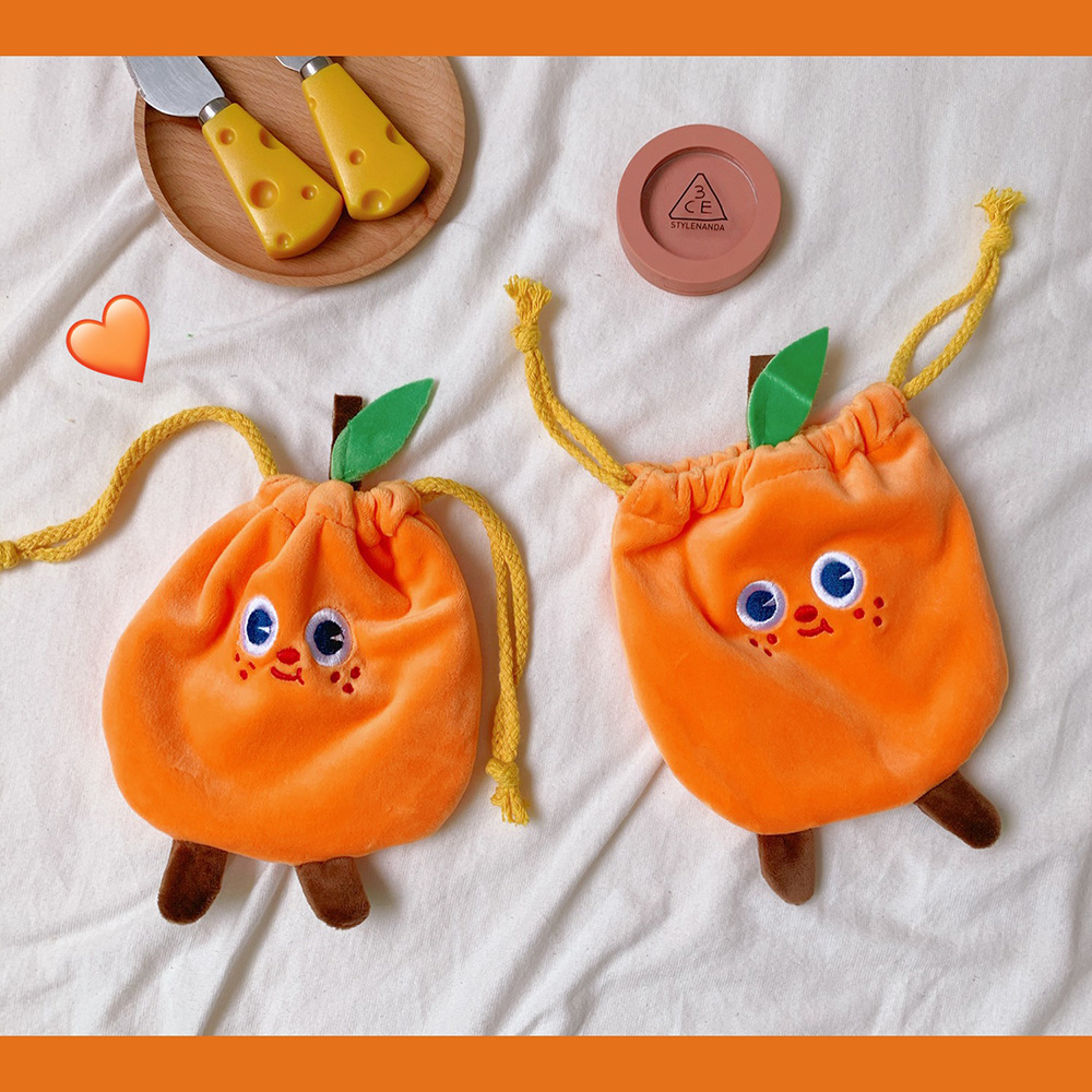可愛橘子造型束口袋 造型毛絨束口收納袋 方便攜帶化妝包 收納包