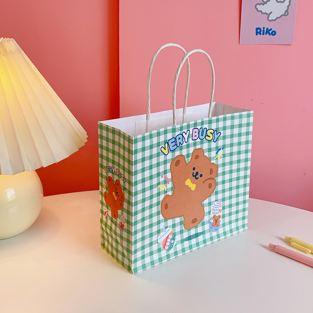 可愛小熊格紋手提紙袋 創意禮物提袋 多功能包裝袋 禮品交換禮物收納袋