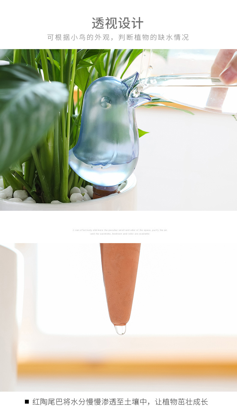 創意小鳥造型自動澆水器 可愛透明懶人澆花器 創意自動滴水器