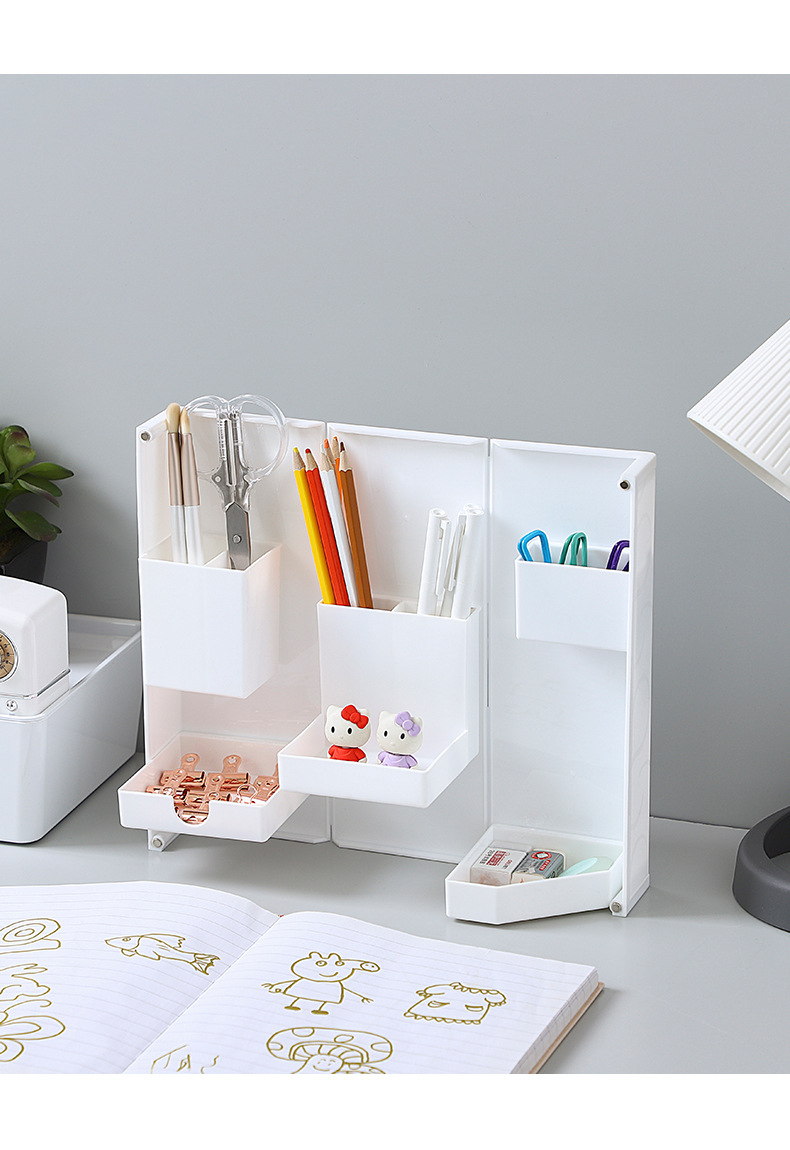 折疊站立式文具盒 桌面多功能開盒塑膠筆筒 磁吸式桌面收納盒 化妝盒