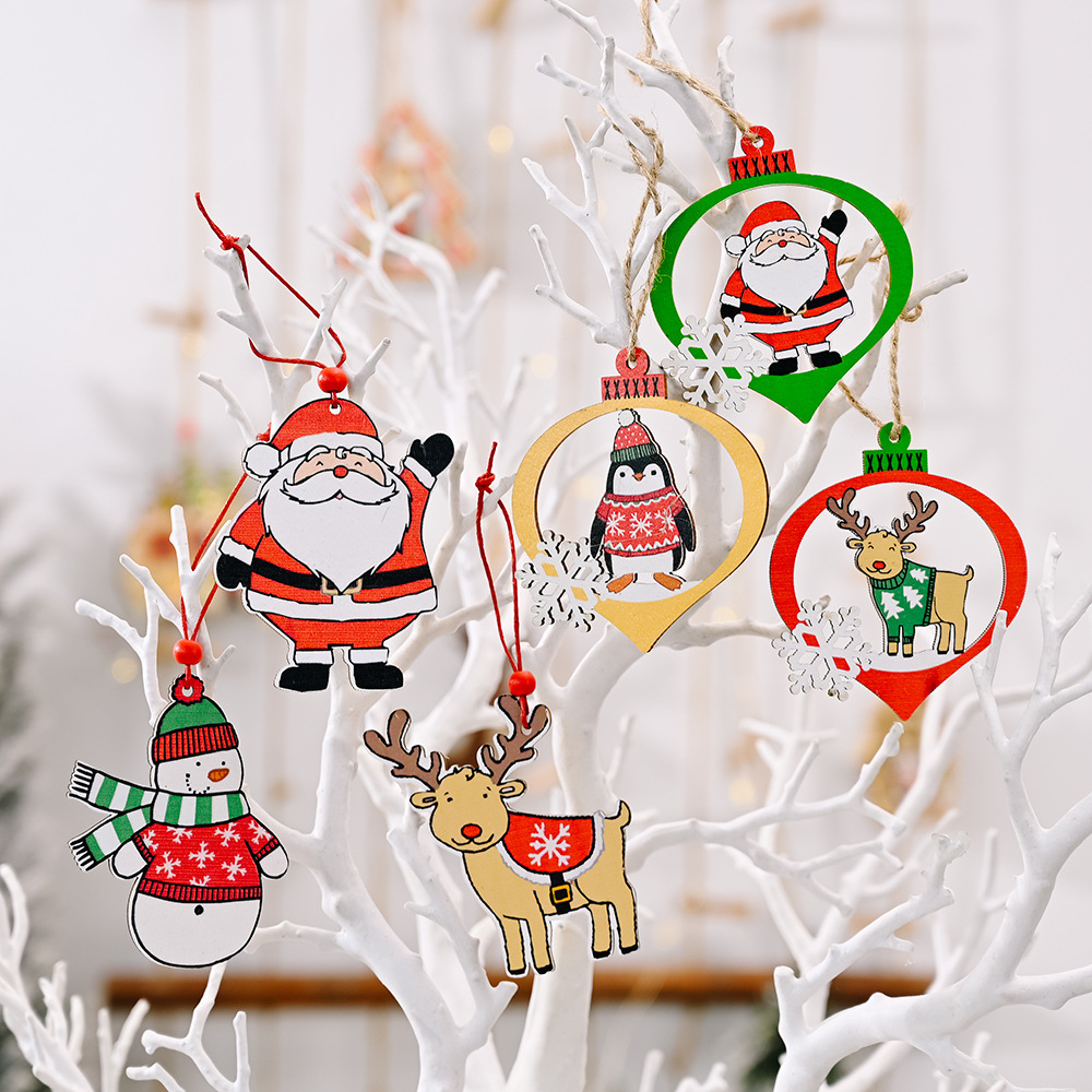 聖誕盒裝木質小吊飾 聖誕老人雪人企鵝木質聖誕樹吊飾 聖誕節裝飾必備小物 6個裝