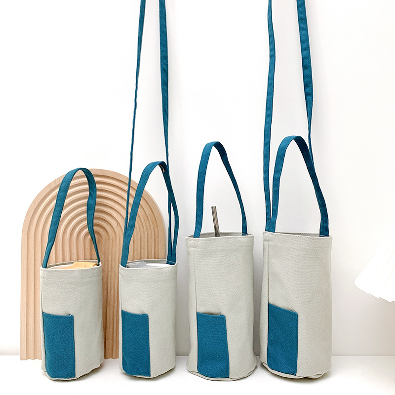 藍色帆布飲料斜背提袋 多功能撞色水壺袋 兩用收納手提袋 飲料杯套