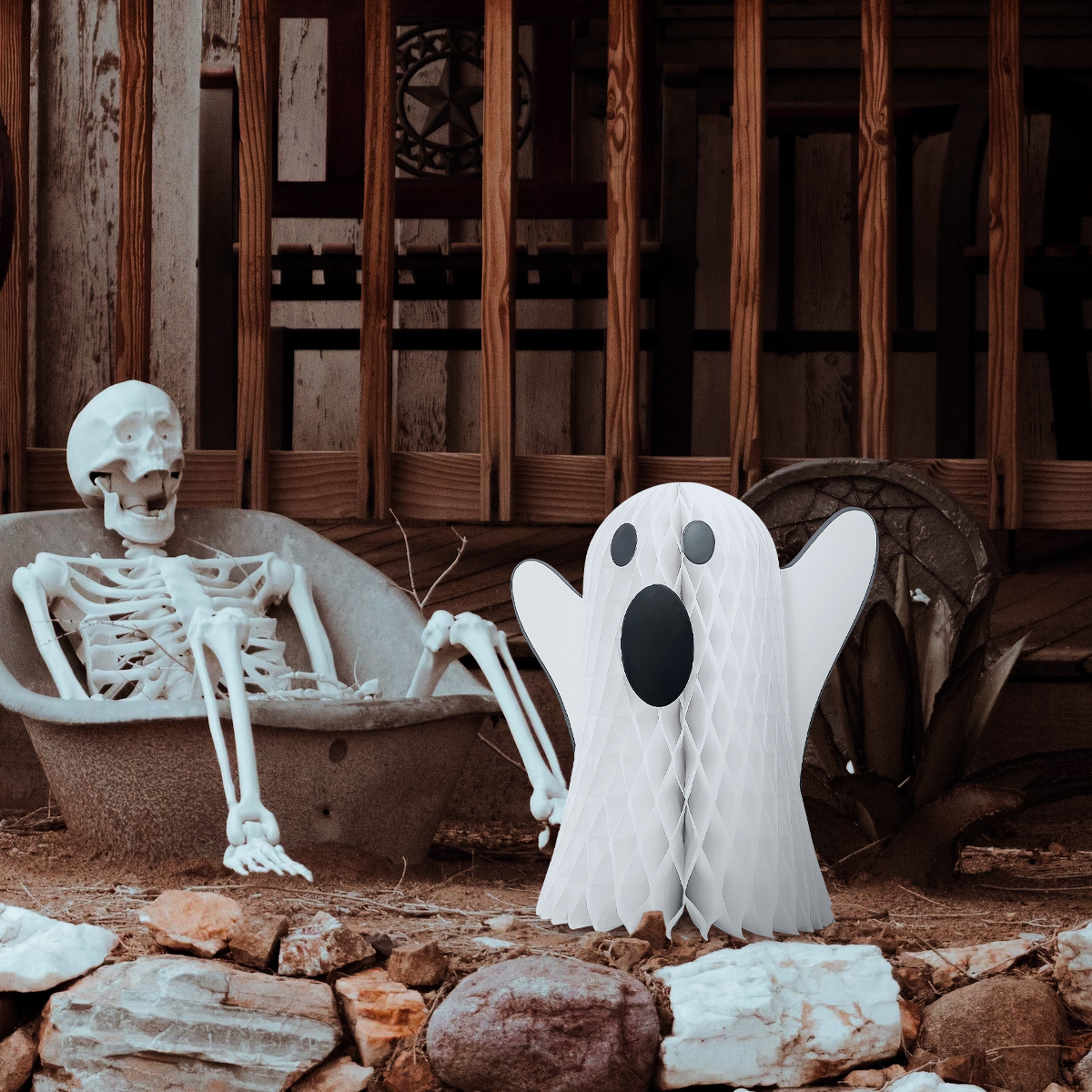 萬聖節幽靈蜂巢球裝飾擺件 - 白色鬼魂造型派對DIY佈置