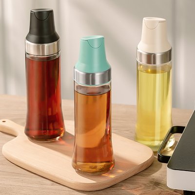 【自動開合油壺】304不鏽鋼-500ml透明玻璃調味瓶