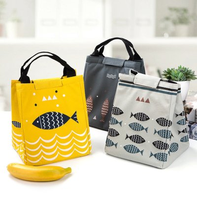 【雙層隔熱】小魚圖案保溫便當袋 - 手提牛津布戶外野餐袋