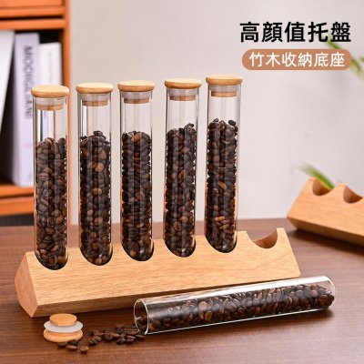 竹木直排玻璃試管收納罐組｜6支150ml・咖啡豆茶葉密封展示架