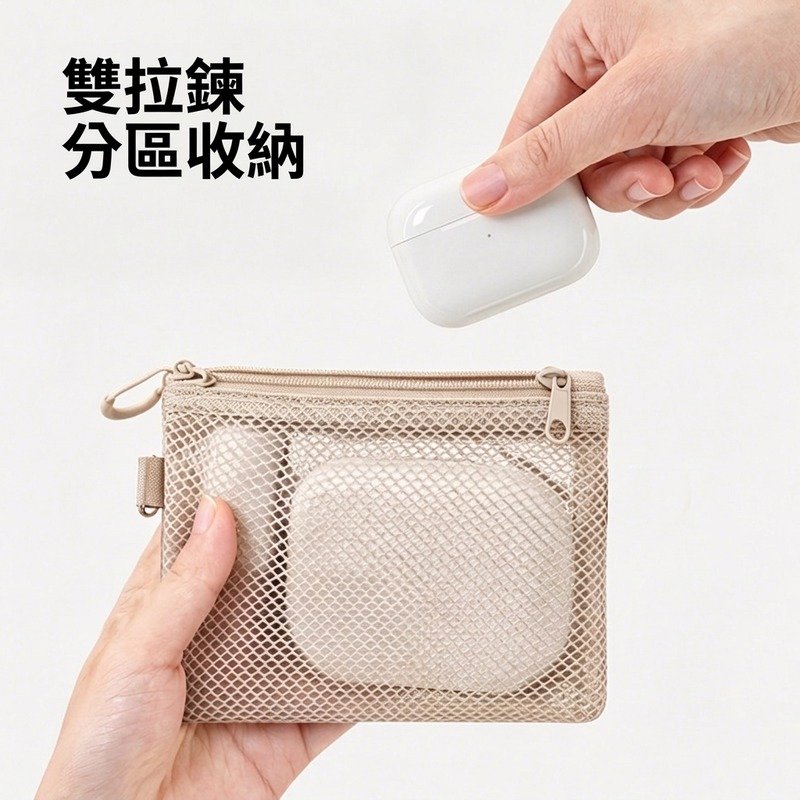 雙拉鍊網格收納袋 無印風旅行證件包｜耳機線材卡片零錢分層收納 S/M/L
